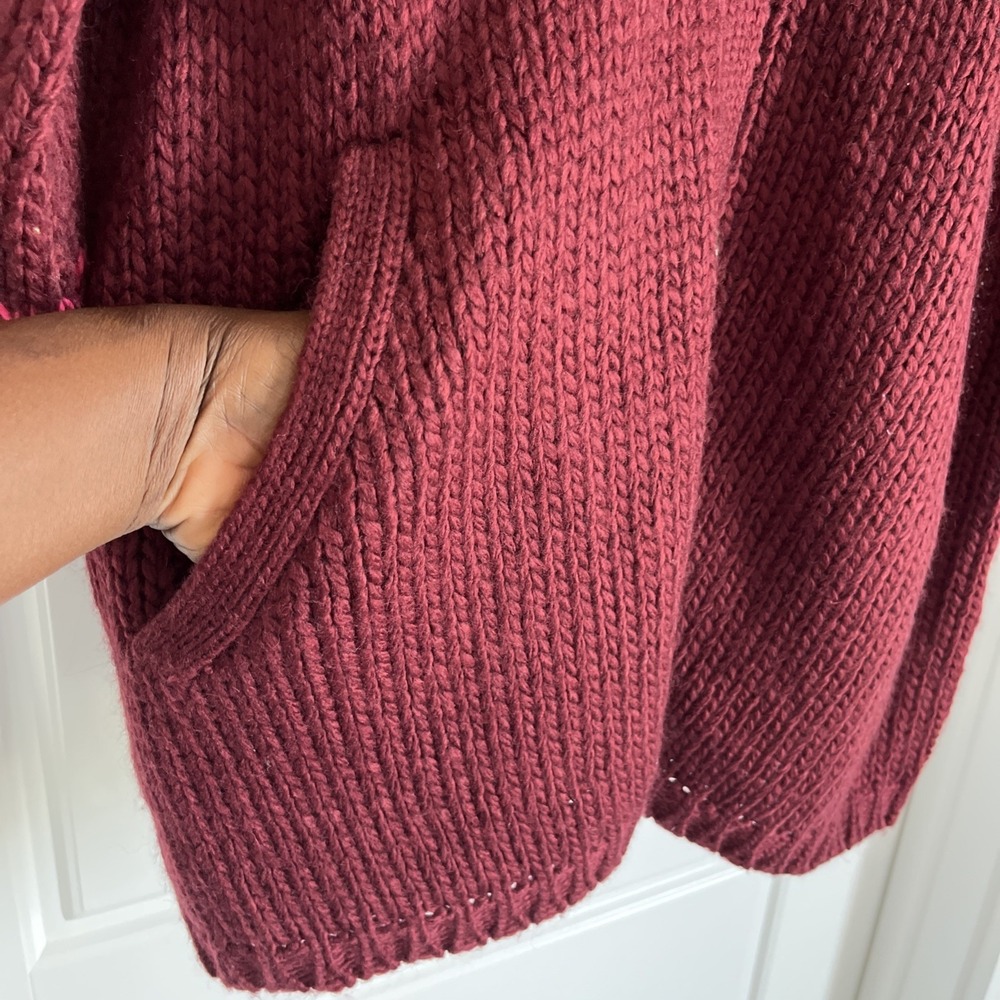 Sundance Chunky Knit Cardigan Sweater Burgundy Wool Blend Oversized L Preppy - Picture 12 of 16